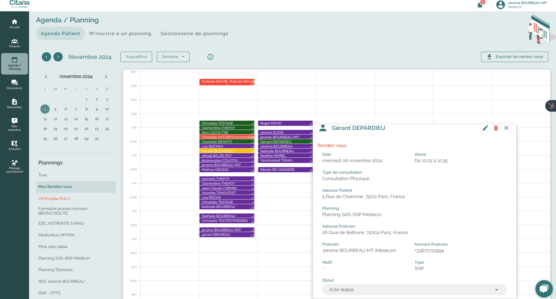 Agenda partagés et planning , gestion des vacations, inscription à des planning en autonomie pardes professionnels de santé, prise de RDV 